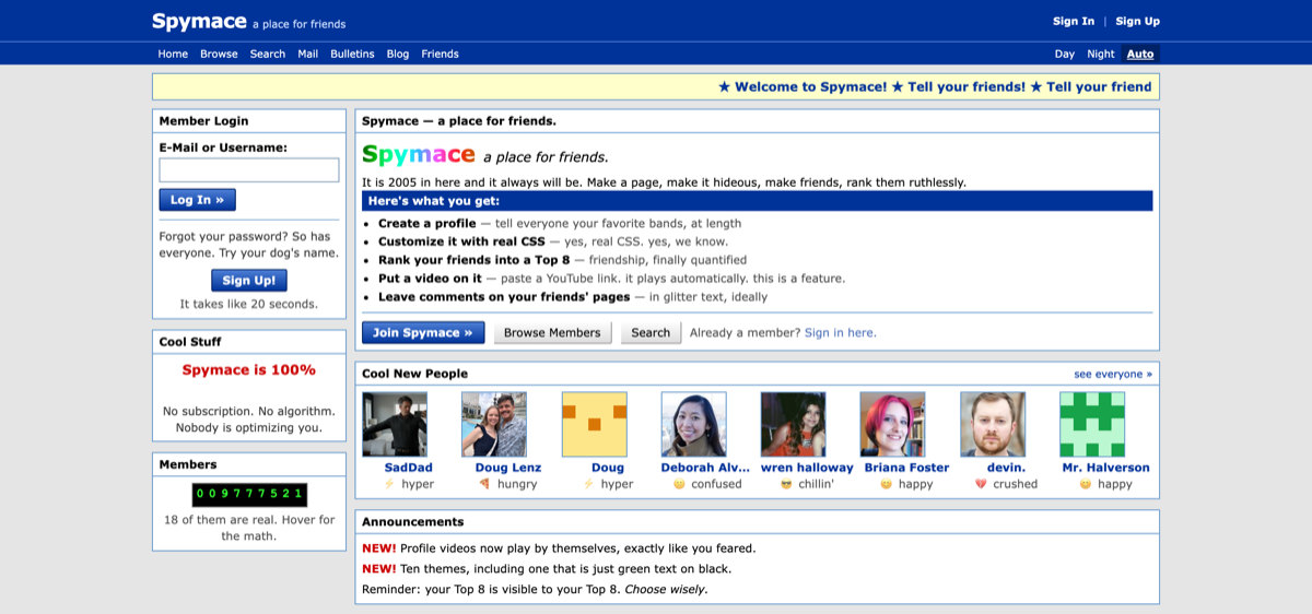 Screenshot of the Spymace home page